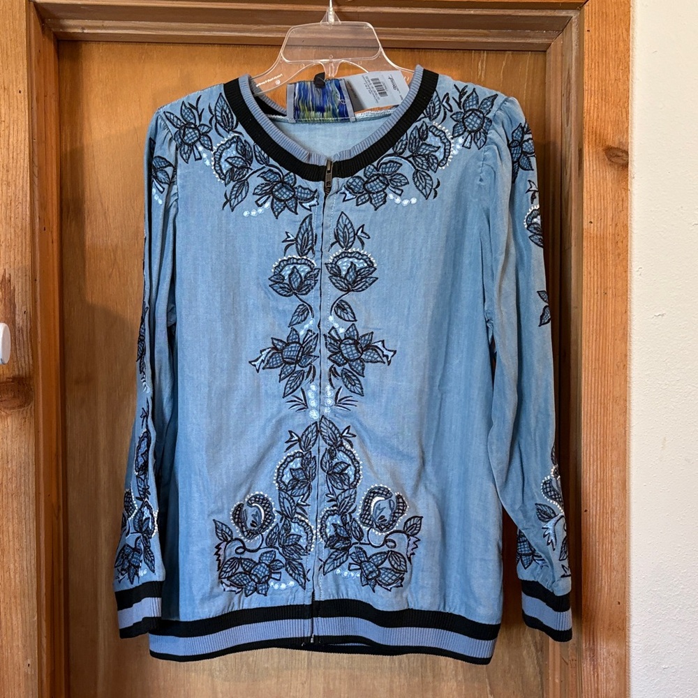 Floral Embroidered Blue Cardigan